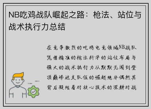 NB吃鸡战队崛起之路：枪法、站位与战术执行力总结