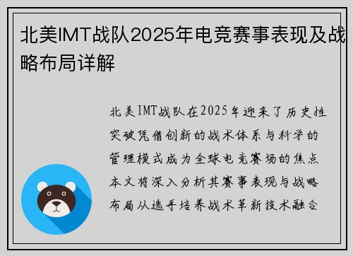 北美IMT战队2025年电竞赛事表现及战略布局详解